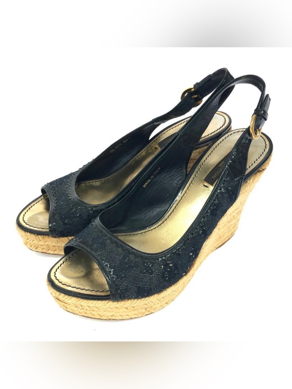 Louis Vuitton Denim/Patent Leather Espadrille Wedge Sandals | Size 6.5 US (36.5)